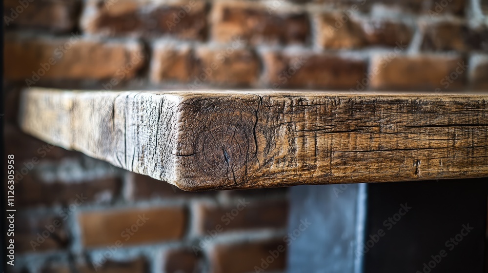 Poster close-up of an old wooden table with rich texture, set against a blurred rustic brick wall, creating