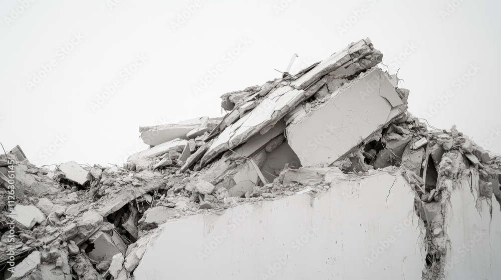 Poster close-up of crumbled building debris with distinct layers of destruction, shot on a clean white back