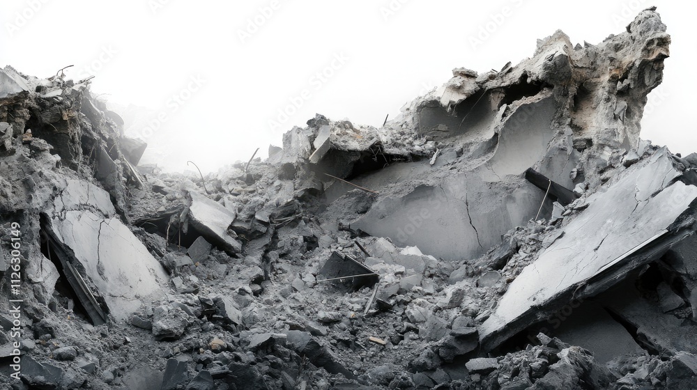 Poster Close-up of crumbled building debris with distinct layers of destruction, shot on a clean white background to emphasize the ruin.