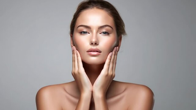 video of beautiful young woman touching her face with her hands, beauty, spa, cosmetology, youth, studio, white background, girl