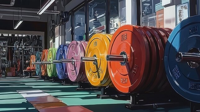 Colorful Weight Plates on a Barbell in a Modern Gym.
