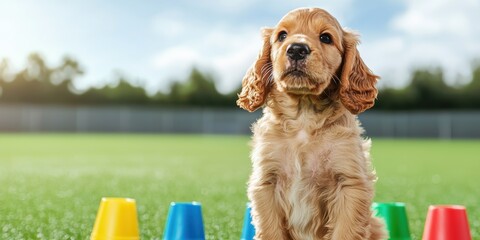 Puppy training concept featuring obedience class techniques. Cute puppy sitting near colorful cups on a sunny day