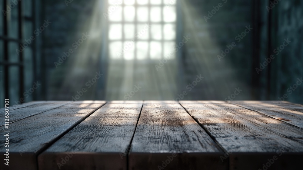 Poster detailed shot of a wooden table, with a soft blur of an empty, cold jail cell in the background, ill