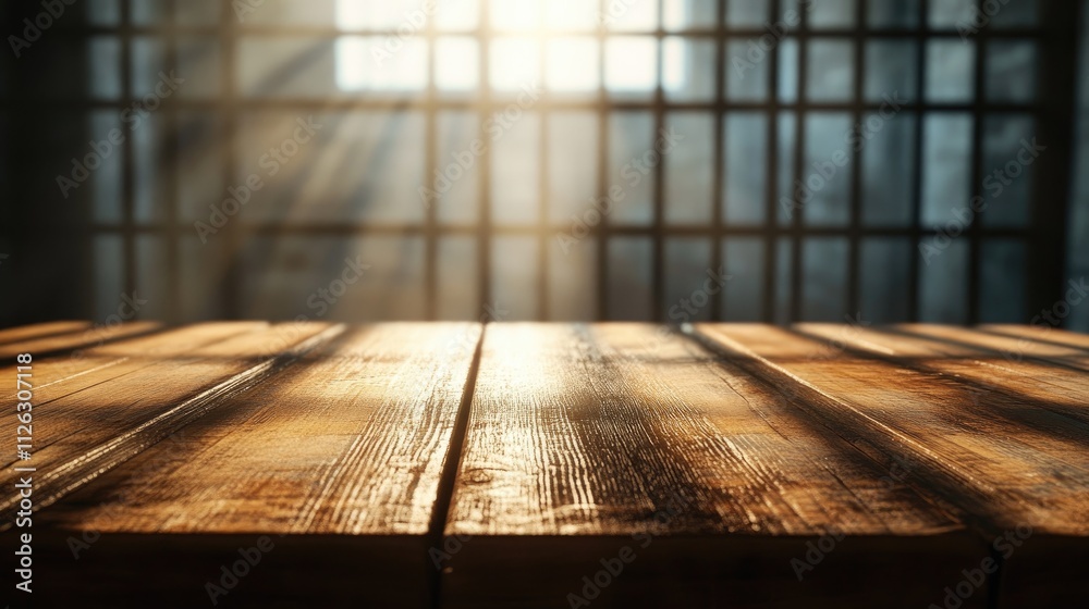 Poster detailed shot of a wooden table, with a soft blur of an empty, cold jail cell in the background, ill