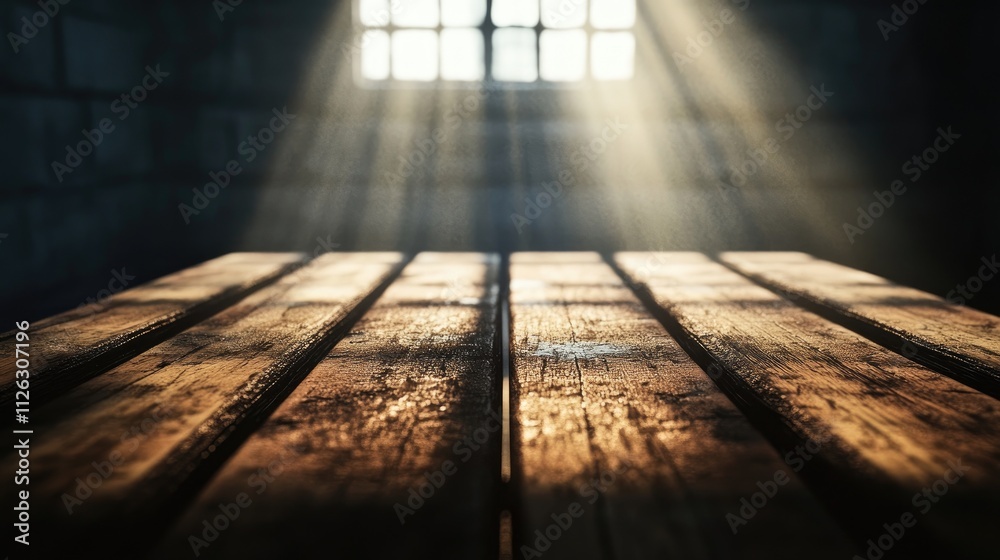 Poster detailed shot of a wooden table, with a soft blur of an empty, cold jail cell in the background, ill