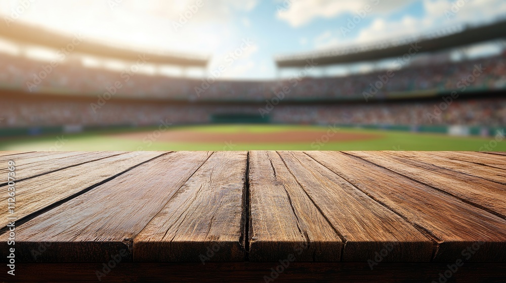 Poster detailed view of a wooden table surface, with a blurred baseball stadium and crowd in the background