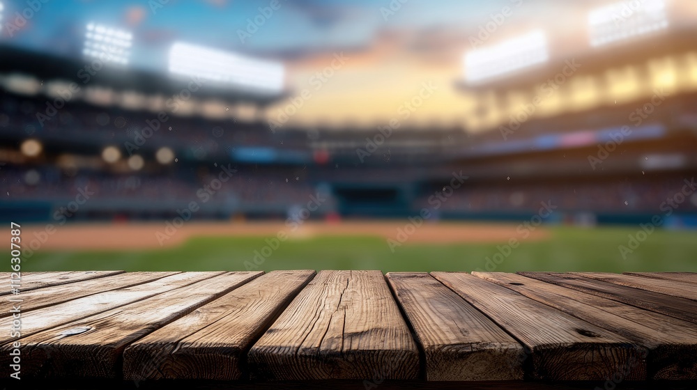 Poster detailed view of a wooden table with a blurred, energetic baseball stadium in the background, creati