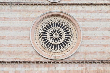 Santa Chiara Basilica Facade Detail with Rose Window in Assisi, Italy