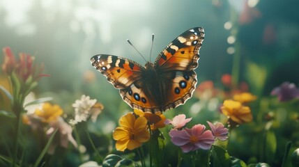 Obraz premium Butterfly resting on colorful flowers in sunlight.
