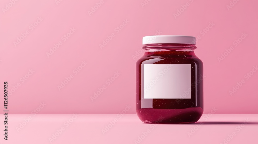Poster elegant mockup of a glass jar filled with raspberry jam, featuring a blank white label, set in the c