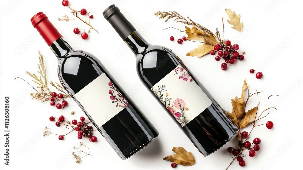 Poster elegant red and white wine bottles, placed artistically on a pristine white background, showcasing b