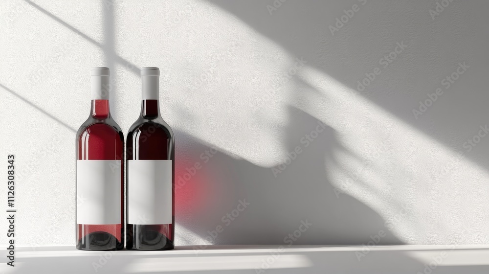 Poster elegant red and white wine bottles with blank labels, placed on a clean white background, ideal for 