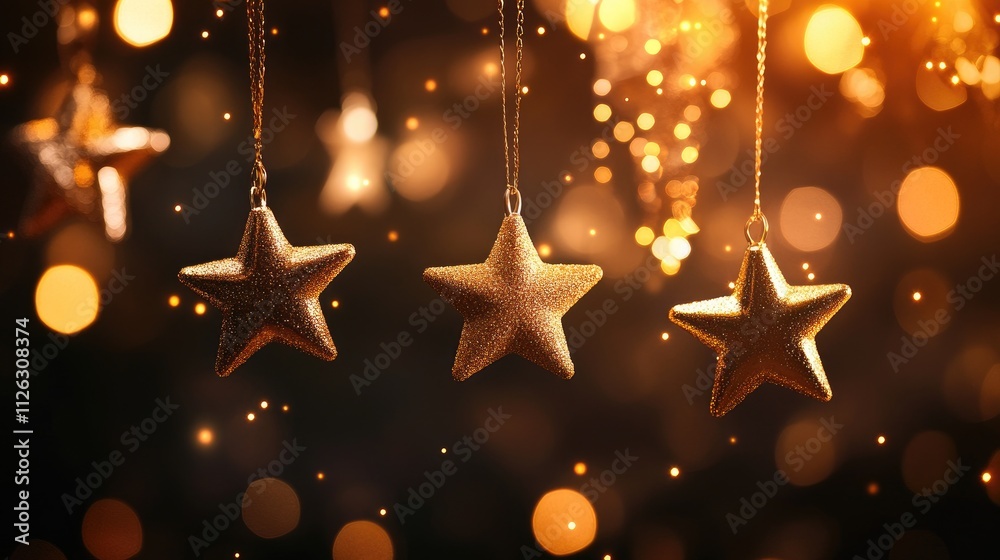 Poster falling golden stars illuminate the night, with shimmering bokeh lights enhancing the serene and fes