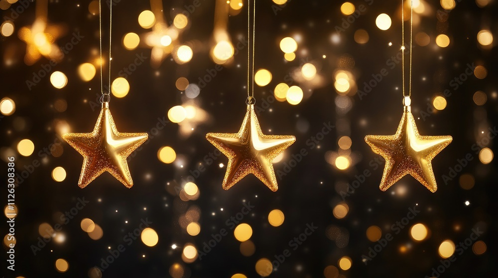 Poster falling golden stars illuminate the night, with shimmering bokeh lights enhancing the serene and fes