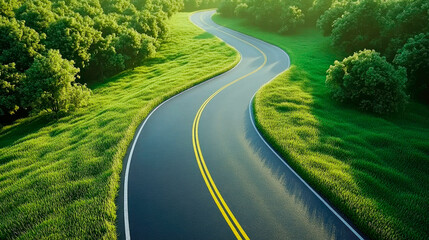 Fototapeta premium An empty winding road with yellow lines, surrounded by green forest.