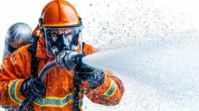 fireman dousing flames with water, wearing complete fire suit and mask, smoke and sparks flying, dynamic action, isolated on white background