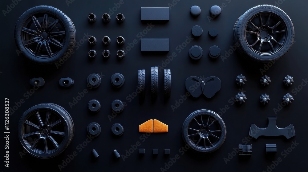 Leinwandbilder Various car components including tires, rims, and brake pads are neatly arranged on a dark background, offering ample space for text insertion. Generative AI