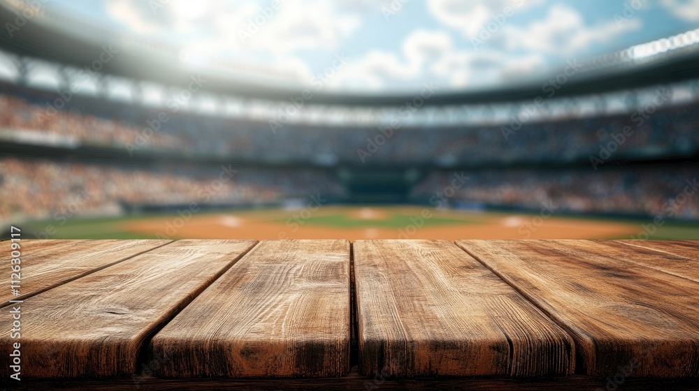 Poster focused image of a wooden table with a blurry, lively baseball stadium in the distance, capturing th