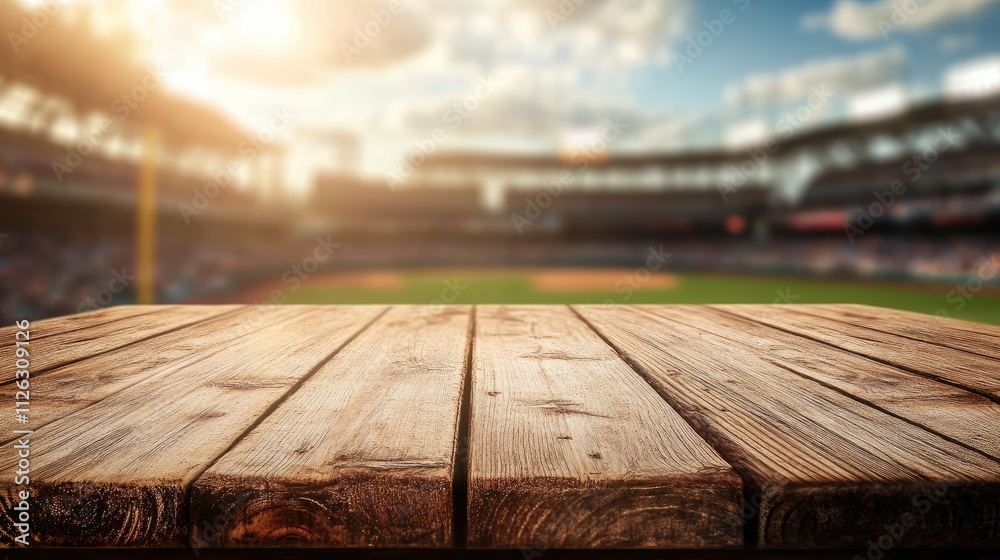 Poster focused image of a wooden table with a blurry, lively baseball stadium in the distance, capturing th
