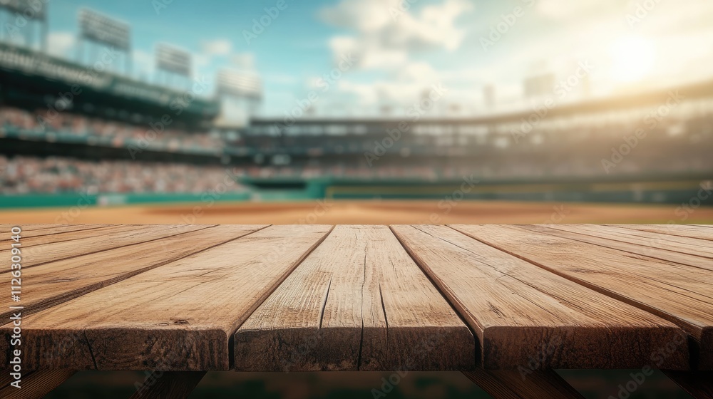 Poster focused shot of a wooden table with the lively atmosphere of a baseball stadium blurred in the dista