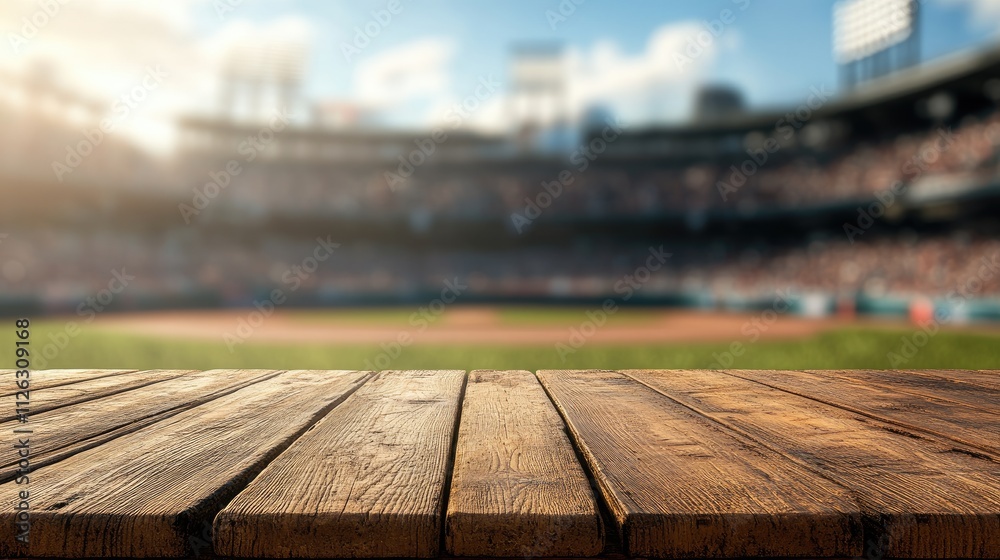 Poster focused shot of a wooden table with the lively atmosphere of a baseball stadium blurred in the dista