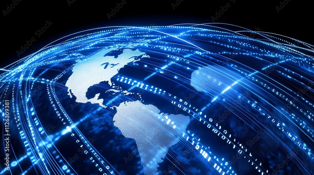 Poster digital globe surrounded by binary code representing the global network connection