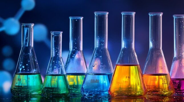 Erlenmeyer with colorful liquid, science background