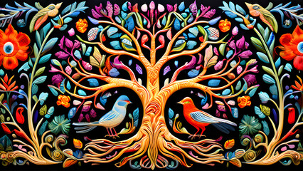 A tree of life featuring birds, flowers, and mythical animals in Otomi embroidery designs