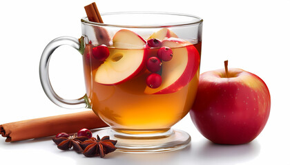 Warm Apple Cider Drink in Glass Mug with Cinnamon Stick  Cranberries  Star Anise  and Appl
