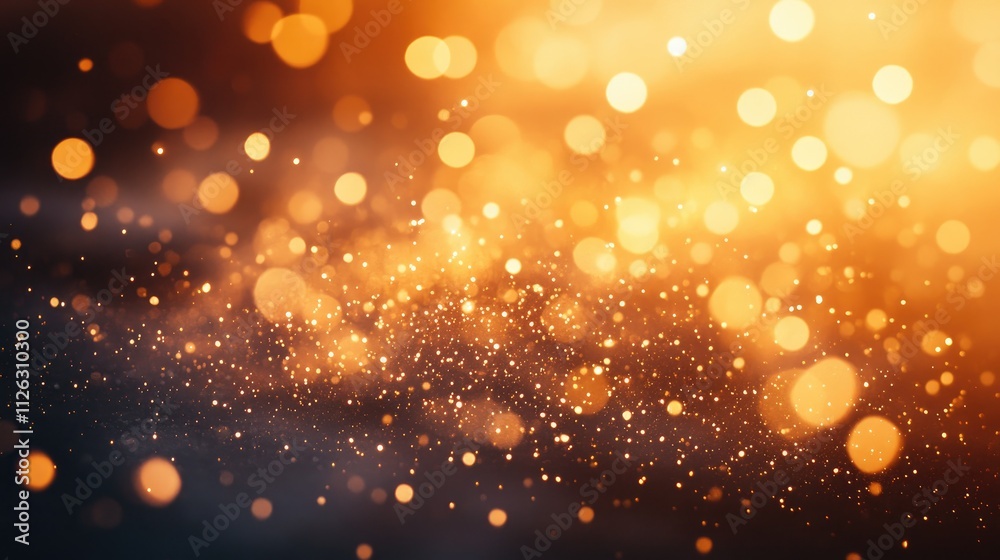 Poster golden falling stars shimmer against a warm orange background, surrounded by sparkling bokeh lights 