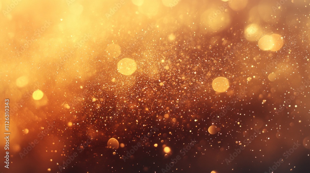 Poster golden falling stars shimmer against a warm orange background, surrounded by sparkling bokeh lights 
