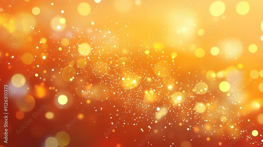Poster golden falling stars shimmer against a warm orange background, surrounded by sparkling bokeh lights 