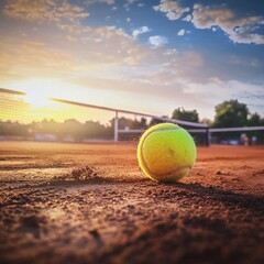 A vibrant tennis ball rolling on a clay court at sunset, surrounded by a picturesque sky.