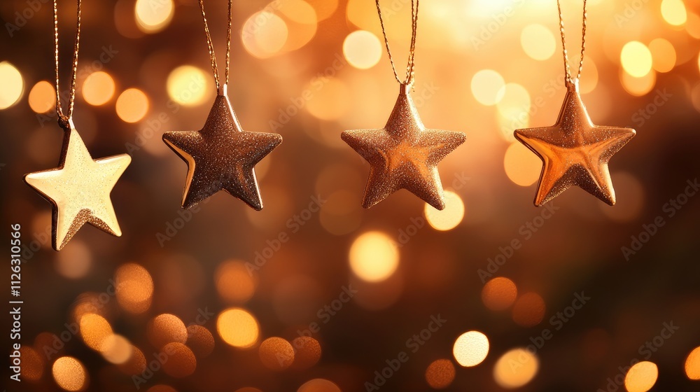 Poster Golden falling stars streak through the sky, with shimmering bokeh lights blending seamlessly into a warm orange backdrop, creating a dreamy atmosphere.