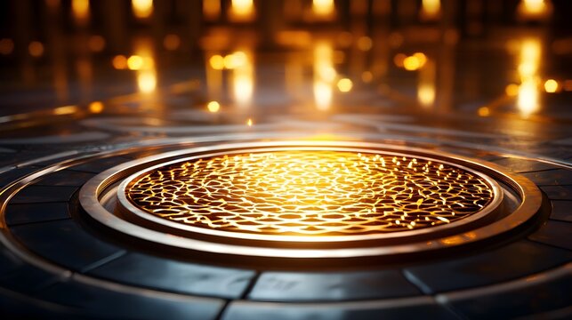 Islamic prayer circle, intricate mosque decor, serene ambiance--style raw