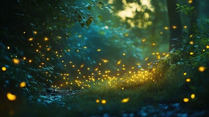 Magical fireflies illuminate a forest path at twilight.