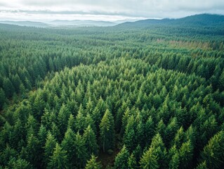 Obraz premium Lush Evergreen Forest Landscape Under Overcast Sky in Nature