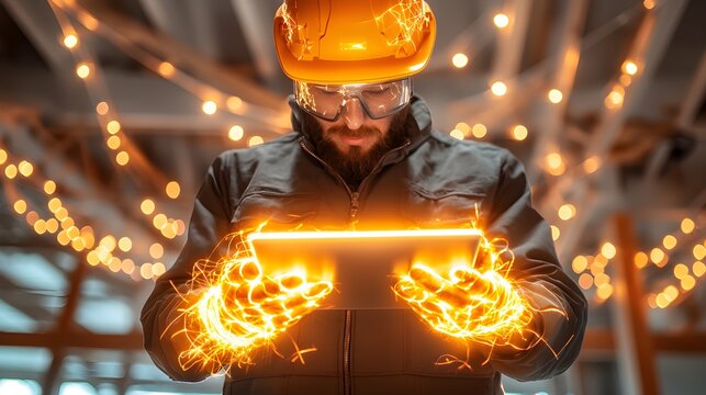 Electrical engineer using infrared camera and tablet to inspect home insulation and wiring, modern home interior, focused and professional--style raw