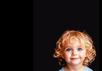 Portrait smiling little child or young boy with blond hair and bright eyes with black background and copy space Young boy looks clever