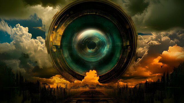 Surreal Technological Eye in the Sky Over Apocalyptic Landscape