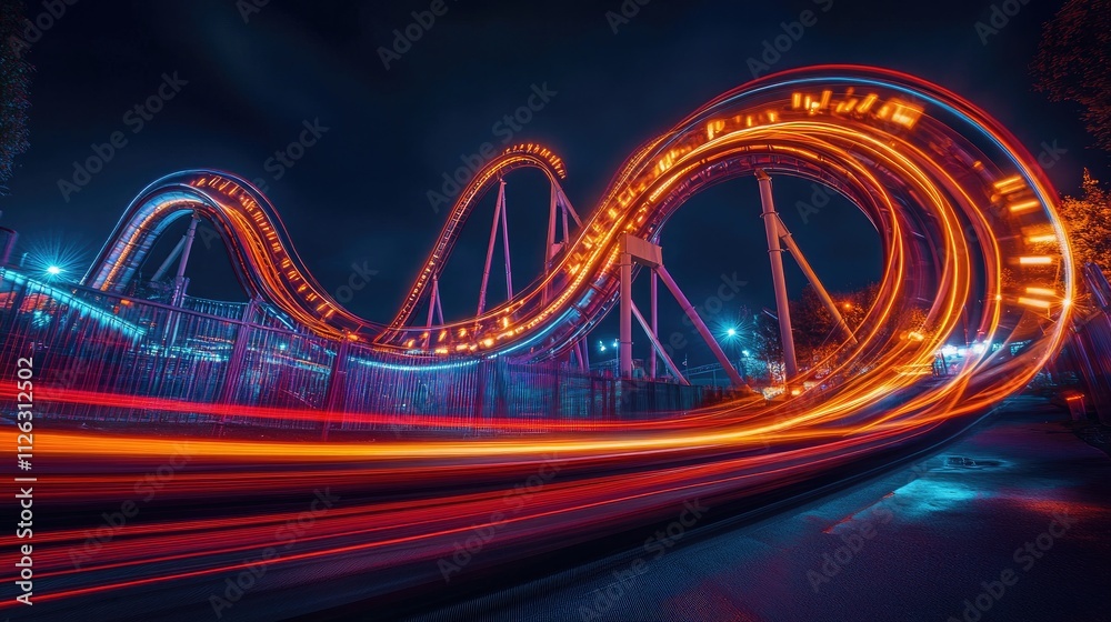 Poster long exposure shot of rollercoaster light trails creating dramatic curves and loops, illuminating th