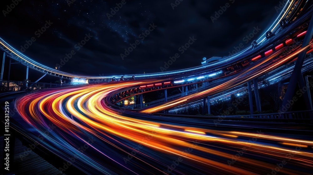 Poster long exposure shot of rollercoaster light trails creating dramatic curves and loops, illuminating th