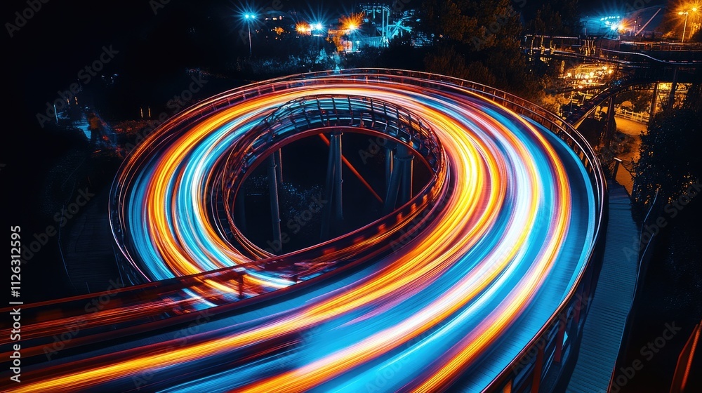Poster long exposure shot of rollercoaster light trails creating dramatic curves and loops, illuminating th
