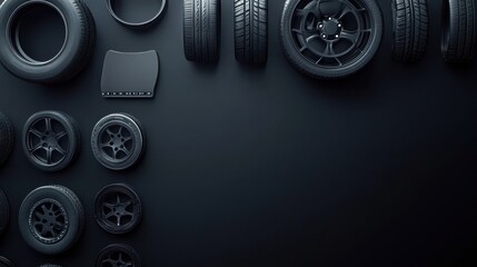 Various car tires, rims, and brake pads are neatly arranged on a dark background, showcasing automotive components for enthusiasts. Generative AI