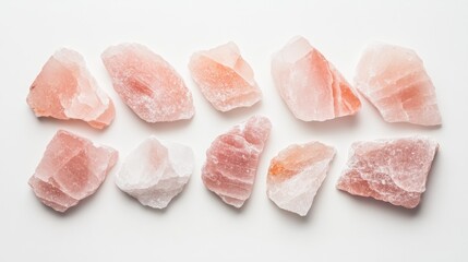 Minimalist view of a tidy pink Himalayan salt pile arranged on a fresh white background, focusing on the texture and simplicity.