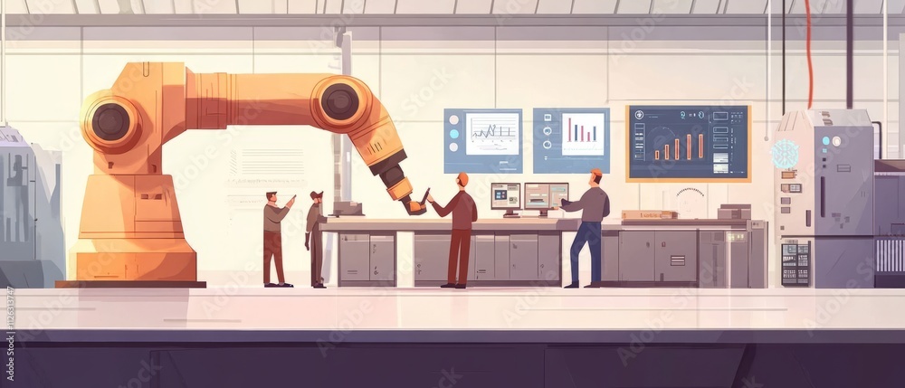 Poster vector illustration, a production line with workers, automation and user interface concept: user con
