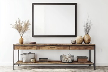 Stylish wooden console table adorned with vases and decorative items, featuring a large empty frame above, creating an elegant atmosphere.