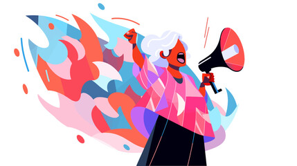 Woman is holding a microphone and yelling. The background is a fire. The woman is wearing a pink shirt