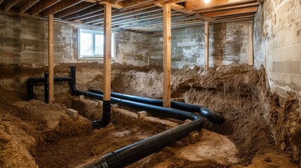 Plumbing pipes laid beneath a house foundation in a basement, with the surrounding earth dug out, revealing ongoing construction work.