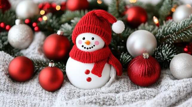 A cheerful snowman in a red hat sits among festive ornaments and greenery, evoking a cozy winter holiday atmosphere.